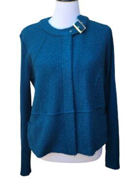 For Cynthia Petite Blue 100% Wool Jacket Buckle Neck Hidden Zipper Pockets